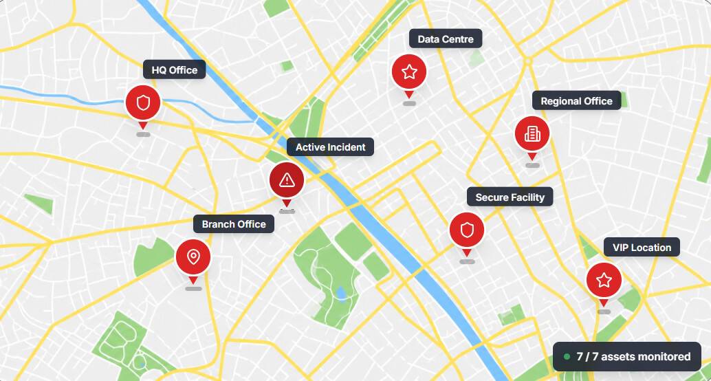 Asset and geo monitoring map showing monitored assets and active incident locations.