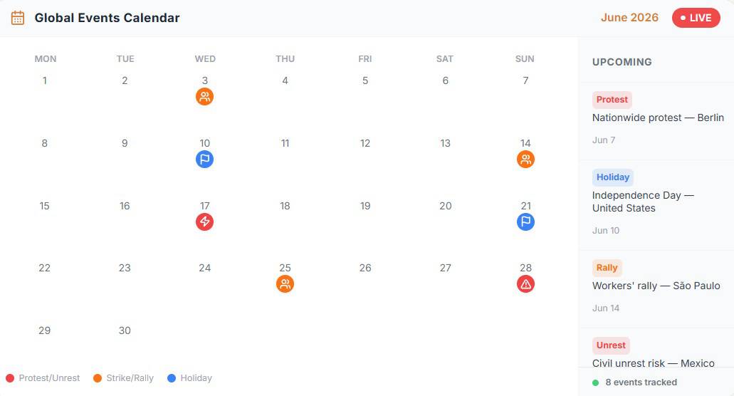 Global events calendar showing planned protests, strikes, holidays, and upcoming events.