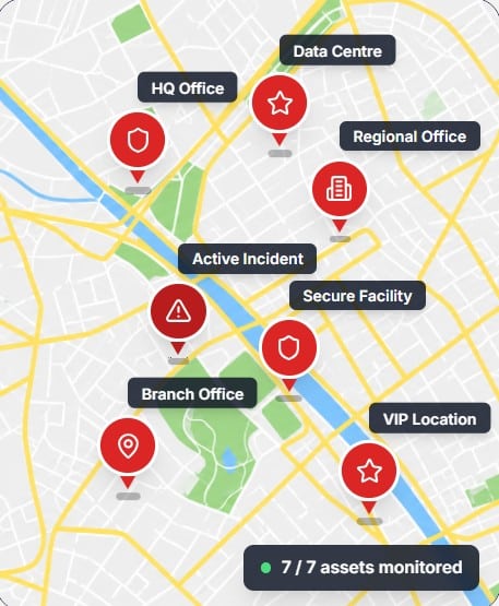 Mobile asset and geo monitoring map showing monitored assets and active incident locations.