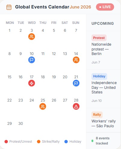 Mobile global events calendar showing planned events and upcoming items.