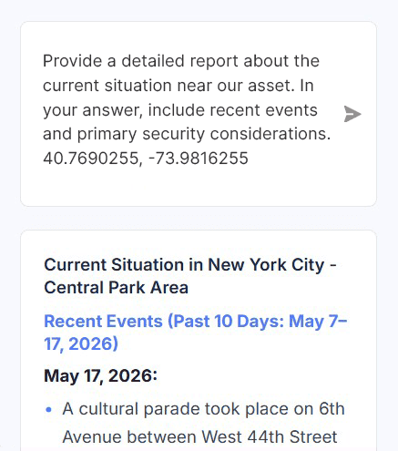 Mobile Scout AI interface showing an intelligence question and generated response.