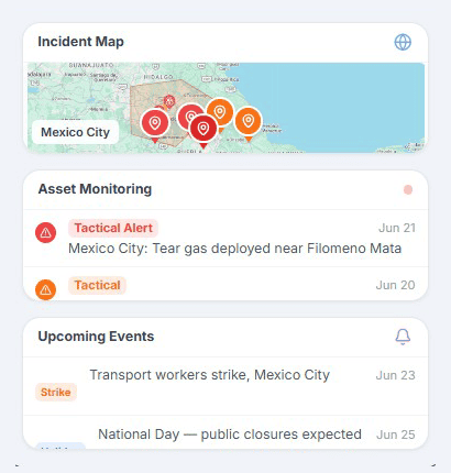 Mobile custom intelligence dashboard showing map, alert, and event panels.