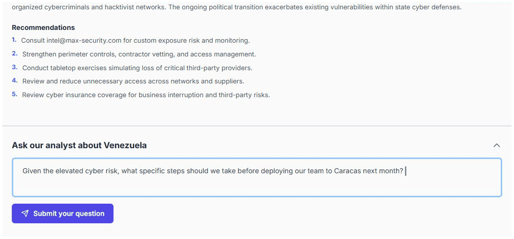 Ask an Analyst interface showing an intelligence report and question submission area.